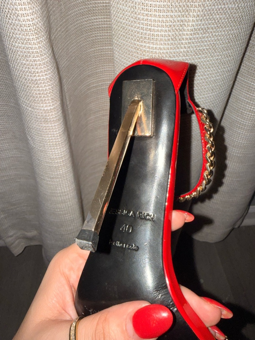 Jessica Red Patent Leather Heels with Gold Chain Detail - Picture 3 of 11